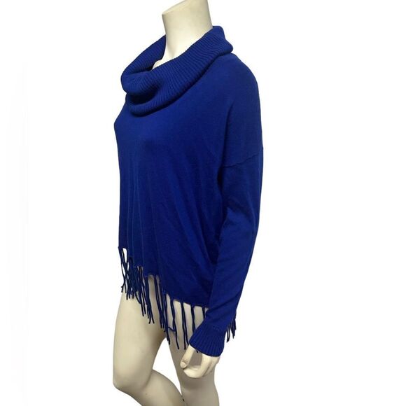 Michael Kors Royal Blue High Low Cowl Neck Long Sleeve Top Fringe Hem Fall - Picture 1 of 6